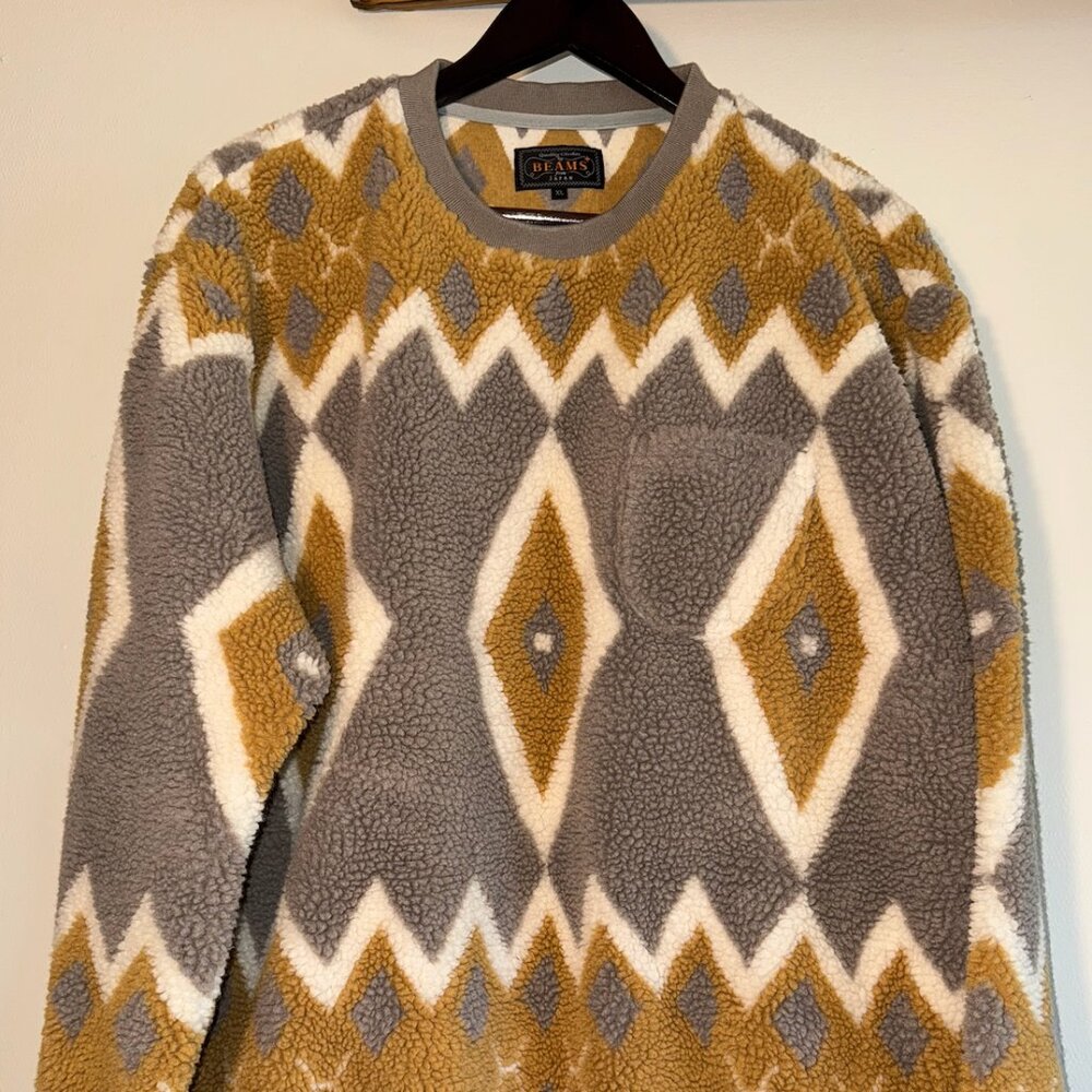 Beams Plus Jacquard Sherpa Fleece Sweater - Retro Pattern, Made in Japan (L/XL)